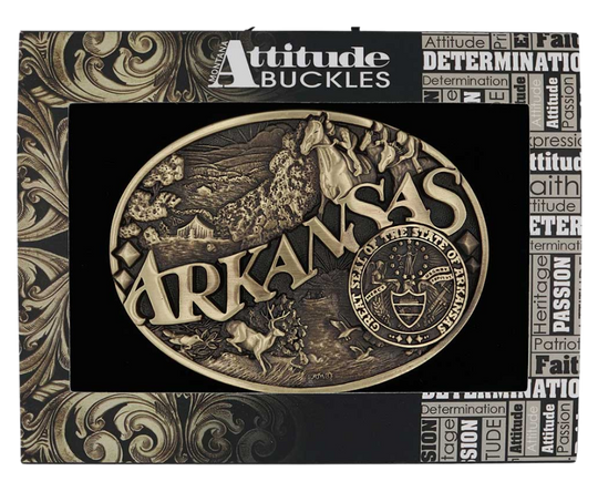 Large lettering spelling out Arkansas stretches boldly across, surrounded by a set of antiqued figures in celebration of Arkansas heritage including horse racing, wildlife, and the state seal. Our cast belt buckles are acid washed to add the dark antiqued patina and hand buffed to bring out the highlights and details. Standard 1.5 inch belt swivel.
Get yours at our local Smyrna ,TN shop.