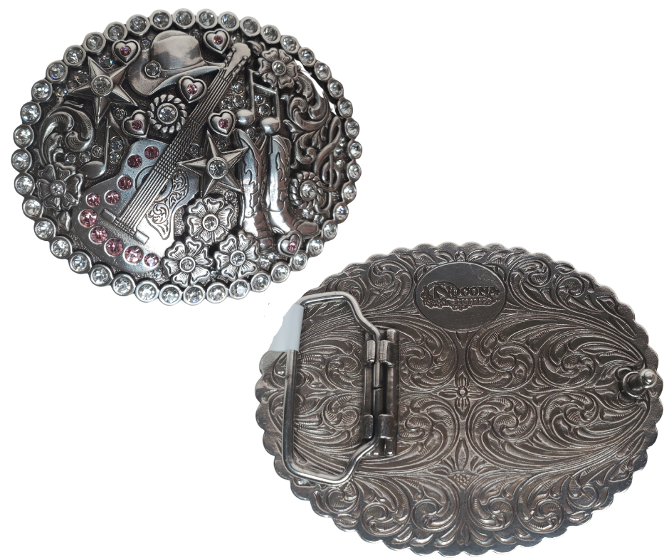 This show-stopping Nocona buckle is dripping with details - a guitar, boots, music notes, stars and glitzy rhinestones. With a antique silver color and engraved scroll design, it's a must-have addition to your western wardrobe. Measuring 3" tall and 3 3/4" wide, the buckle fits belts up to 1 1/2" wide. Pick up yours in our Smyrna, TN retail store (just outside Nashville) or shop for it online. Yee-haw! Imported.