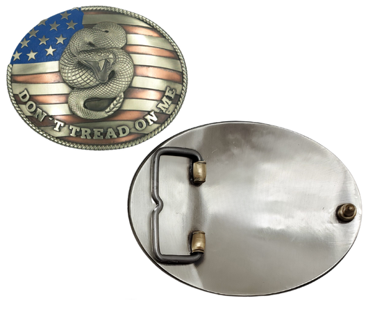 The Don't Tread buckle is made from German Silver (nickel and brass alloy) or iron metal base. Each piece is punched, cut, soldered, engraved, polished and painted by our talented metal workers.&nbsp; Our products are all&nbsp; In order to give you the quality and long lasting final product we also&nbsp; Available at our Smyrna, TN shop just outside of Nashville.