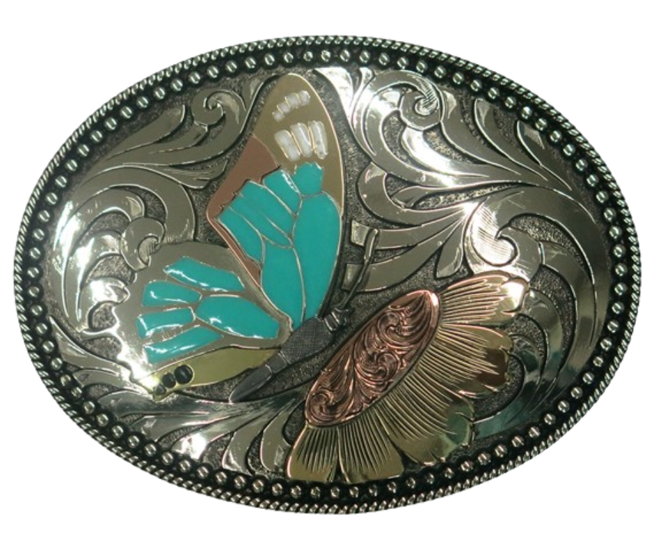 The Monarch belt buckle is made from German Silver(nickel and brass alloy)or iron metal base. These buckles have motifs made of copper, iron or brass and some are adorned with synthetic stones. In order to give you the quality and long lasting final product. Available at our Smyrna, TN shop just outside of Nashville.