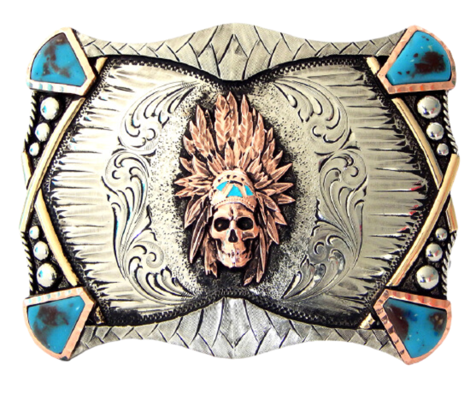 The Spirit Chief belt buckle is made from German Silver or iron metal base. These buckles have motifs made of copper, iron or brass and some are adorned with synthetic stones. In order to give you the quality and long lasting product. Available at our Smyrna, TN shop just outside of Nashville.