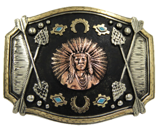 The Chief Red Arrow buckle is made from German Silver (nickel and brass alloy) or iron metal base. These buckles are all handcrafted and have motifs made of copper, iron or brass and some are adorned with synthetic stones. In order to give you the quality and long lasting final product&nbsp; Finally Available at our Smyrna, TN shop just outside of Nashville.