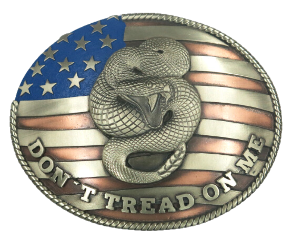 The Don't Tread buckle is made from German Silver (nickel and brass alloy) or iron metal base. Each piece is punched, cut, soldered, engraved, polished and painted by our talented metal workers.&nbsp; Our products are all&nbsp; In order to give you the quality and long lasting final product we also&nbsp; Available at our Smyrna, TN shop just outside of Nashville.