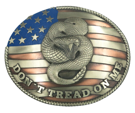 The Don't Tread buckle is made from German Silver (nickel and brass alloy) or iron metal base. Each piece is punched, cut, soldered, engraved, polished and painted by our talented metal workers.&nbsp; Our products are all&nbsp; In order to give you the quality and long lasting final product we also&nbsp; Available at our Smyrna, TN shop just outside of Nashville.