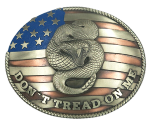 The Don't Tread buckle is made from German Silver (nickel and brass alloy) or iron metal base. Each piece is punched, cut, soldered, engraved, polished and painted by our talented metal workers.&nbsp; Our products are all&nbsp; In order to give you the quality and long lasting final product we also&nbsp; Available at our Smyrna, TN shop just outside of Nashville.