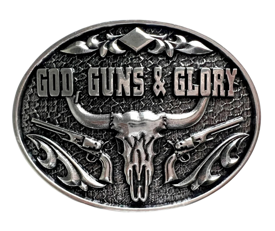 God, Gun's and Glory built the American dream. Show your patriotism with a Belt Buckle that says that very attitude. Get yours at our Smyrna, TN store close to Nashville.&nbsp;

Steer skull and rifle design
Antique silver
2 7/8" H x 3 7/8" W
Solid border
Oval
Fits belts up to 1 3/4" wide