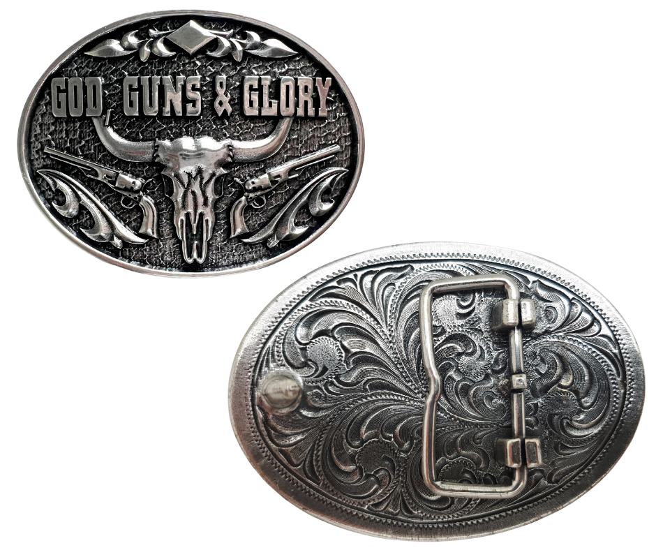 God, Gun's and Glory built the American dream. Show your patriotism with a Belt Buckle that says that very attitude. Get yours at our Smyrna, TN store close to Nashville.&nbsp;

Steer skull and rifle design
Antique silver
2 7/8" H x 3 7/8" W
Solid border
Oval
Fits belts up to 1 3/4" wide