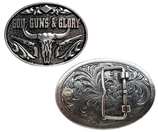 God, Gun's and Glory built the American dream. Show your patriotism with a Belt Buckle that says that very attitude. Get yours at our Smyrna, TN store close to Nashville.&nbsp;

Steer skull and rifle design
Antique silver
2 7/8" H x 3 7/8" W
Solid border
Oval
Fits belts up to 1 3/4" wide