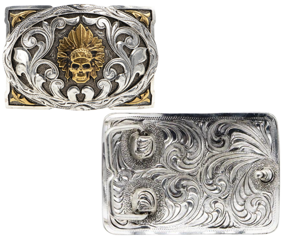 This belt buckle blends Indian symbolism and classic Western scrollwork in antique silver and gold plating, giving it a timeless appeal. With a height of 2 5/8" and width of 4", it fits belts up to 1 1/2" wide and is available for purchase online or at our Smyrna, TN shop near Nashville. Made in Mexico.