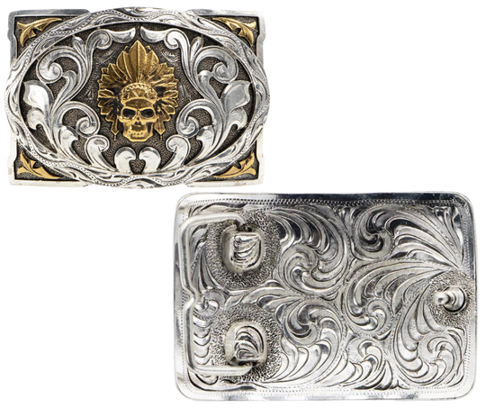 This belt buckle blends Indian symbolism and classic Western scrollwork in antique silver and gold plating, giving it a timeless appeal. With a height of 2 5/8" and width of 4", it fits belts up to 1 1/2" wide and is available for purchase online or at our Smyrna, TN shop near Nashville. Made in Mexico.