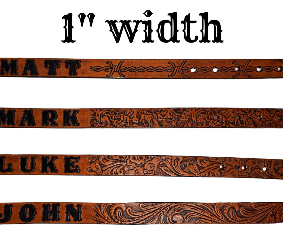 Our Baby NAME leather belts are just like the belts for dad or mom. Full grain American vegetable tanned cowhide approx. 1/8"thick. Width is 1" and includes Nickel plated or Antique Brass colored buckle. We Hand Finish and burnish these just like our adult belts. Made in our Smyrna, TN, USA shop. A SINGLE snap makes a easy buckle change if desired. Choose with or without name, if without name, design will cover entire length of belt. Made in our Smyrna, TN shop outside of Nashville