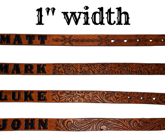 Our Baby NAME leather belts are just like the belts for dad or mom. Full grain American vegetable tanned cowhide approx. 1/8"thick. Width is 1" and includes Nickel plated or Antique Brass colored buckle. We Hand Finish and burnish these just like our adult belts. Made in our Smyrna, TN, USA shop. A SINGLE snap makes a easy buckle change if desired. Choose with or without name, if without name, design will cover entire length of belt. Made in our Smyrna, TN shop outside of Nashville