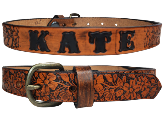 Our Baby NAME leather belts are just like the belts for dad or mom. Full grain American vegetable tanned cowhide approx. 1/8"thick. Width is 1" and includes Nickel plated or Antique Brass colored buckle. We Hand Finish and burnish these just like our adult belts. Made in our Smyrna, TN, USA shop. A SINGLE snap makes a easy buckle change if desired. Choose with or without name, if without name, design will cover entire length of belt. Made in our Smyrna, TN shop outside of Nashville