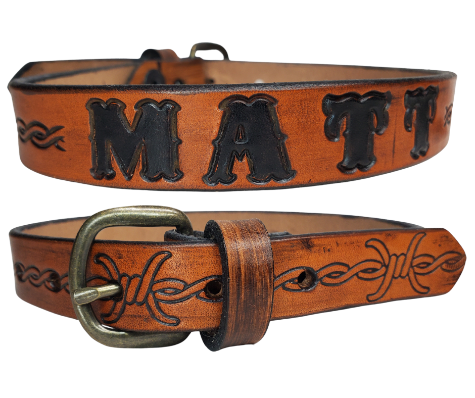 Our Baby NAME leather belts are just like the belts for dad or mom. Full grain American vegetable tanned cowhide approx. 1/8"thick. Width is 1" and includes Nickel plated or Antique Brass colored buckle. We Hand Finish and burnish these just like our adult belts. Made in our Smyrna, TN, USA shop. A SINGLE snap makes a easy buckle change if desired. Choose with or without name, if without name, design will cover entire length of belt. Made in our Smyrna, TN shop outside of Nashville