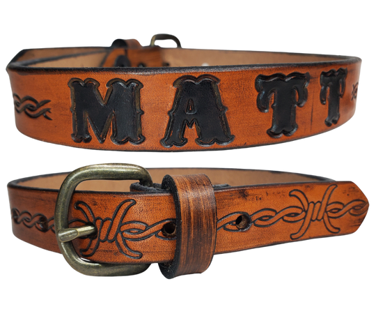 Our Baby NAME leather belts are just like the belts for dad or mom. Full grain American vegetable tanned cowhide approx. 1/8"thick. Width is 1" and includes Nickel plated or Antique Brass colored buckle. We Hand Finish and burnish these just like our adult belts. Made in our Smyrna, TN, USA shop. A SINGLE snap makes a easy buckle change if desired. Choose with or without name, if without name, design will cover entire length of belt. Made in our Smyrna, TN shop outside of Nashville