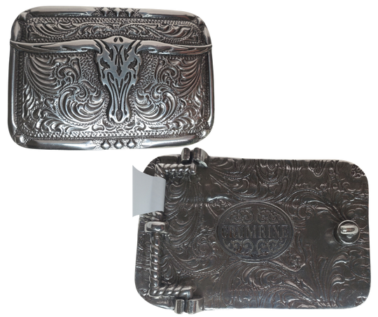 This rectangle buckle by Nocona adds a little southwestern flair with a Longhorn in the center. It stands out with its antique silver color and classic scroll design. Measuring 2" tall, 3" wide and fitting belts up to 1 1/2", this little beauty's available in our Smyrna, TN shop (just outside Nashville) and online! Imported.