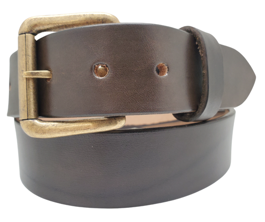 Great for The Office! This real Veg-Tan leather belt starts with a hand dyed 9-10oz (1/8"ish) leather belt strip. Comes with an Antique colored buckle that is snapped in for easy removal. It is handmade in our Smyrna, TN shop, which is located just outside of Nashville.