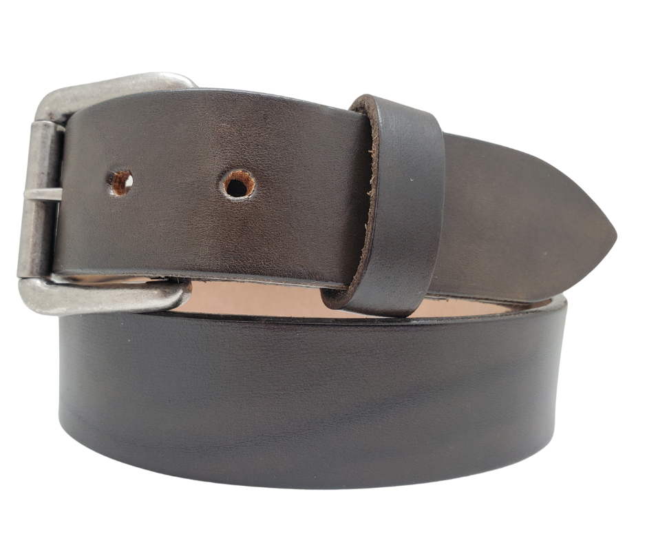 Great for The Office! This real Veg-Tan leather belt starts with a hand dyed 9-10oz (1/8"ish) leather belt strip. Comes with an Antique colored buckle that is snapped in for easy removal. It is handmade in our Smyrna, TN shop, which is located just outside of Nashville.