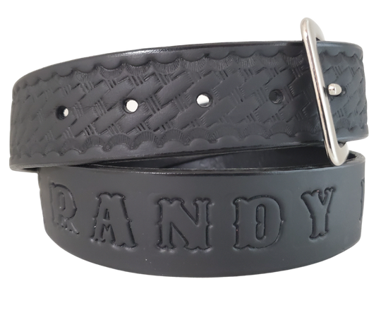 This handmade, real leather belt is made from Veg-Tan shoulder cow leather.  It is 9-10 oz. or approximately 1/8" thick and is 1 1/2" wide. It has smoothed and finished edges and basket weave design is embossed on surface.  Choose from 5 color options. The antique nickel plated solid brass buckle snaps in place. Made in our shop just outside Nashville in Smyrna, TN. 