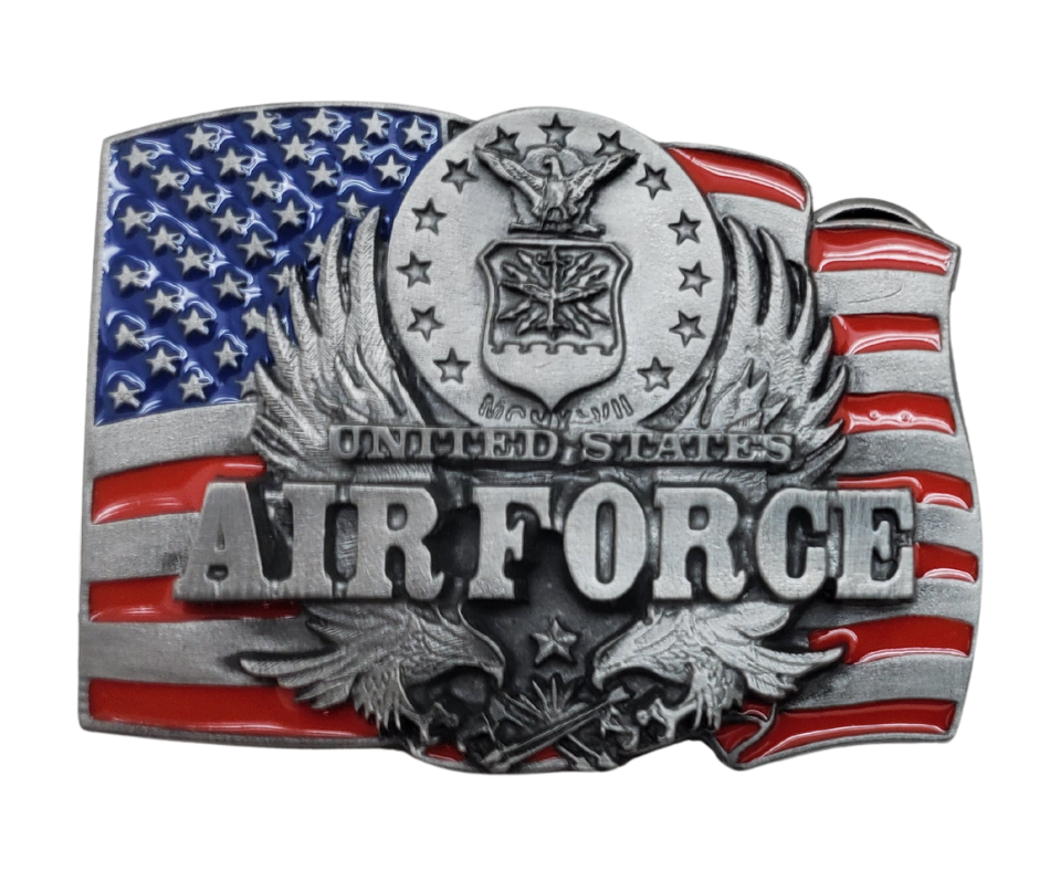 Support our Armed forces with these Licensed Military Belt Buckles.&nbsp; &nbsp;Choose Army or Air Force. Great as a gift or for yourself. Fits up to 1 1 /2" belts. Size is approx. 2 1/2" tall by 3 1/2" wide. Buckle is pewter with red and blue painted colors. Available in our online and retail shop, located in Smyrna, TN, just outside Nashville.