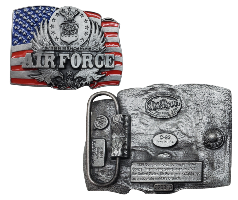 Support our Armed forces with these Licensed Military Belt Buckles.&nbsp; &nbsp;Choose Army or Air Force. Great as a gift or for yourself. Fits up to 1 1 /2" belts. Size is approx. 2 1/2" tall by 3 1/2" wide. Buckle is pewter with red and blue painted colors. Available in our online and retail shop, located in Smyrna, TN, just outside Nashville.