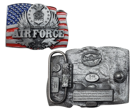 Support our Armed forces with these Licensed Military Belt Buckles.&nbsp; &nbsp;Choose Army or Air Force. Great as a gift or for yourself. Fits up to 1 1 /2" belts. Size is approx. 2 1/2" tall by 3 1/2" wide. Buckle is pewter with red and blue painted colors. Available in our online and retail shop, located in Smyrna, TN, just outside Nashville.