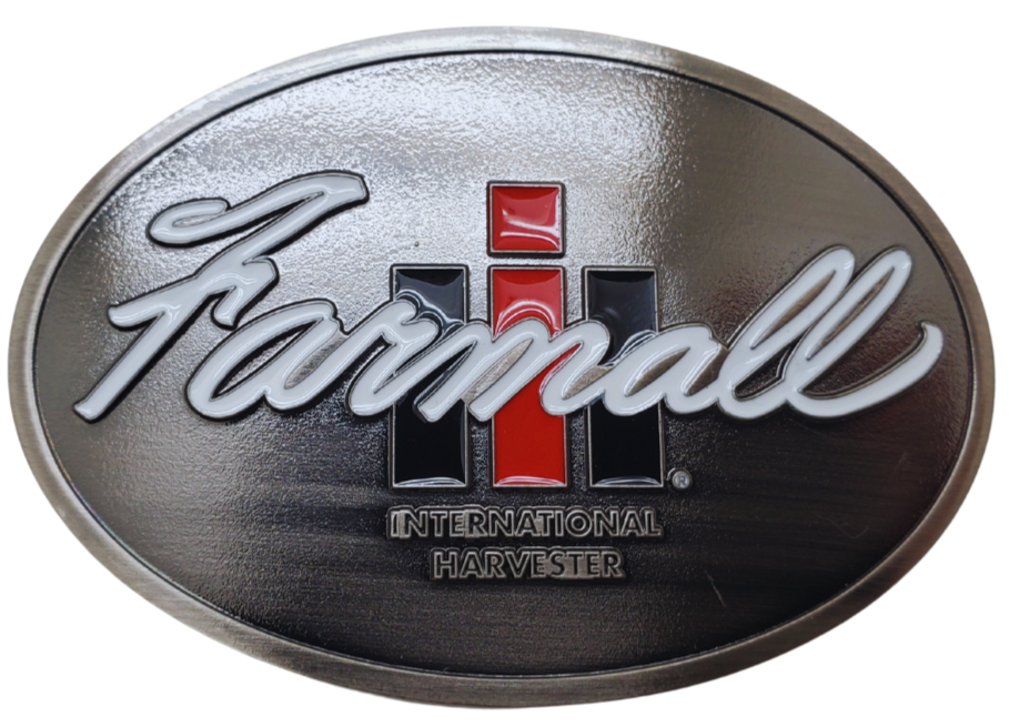 Fully Licensed Farmall International Harvester Belt Buckle, oval shaped with classic logo in Red, Black and White. Size approx. 3 3/4" wide x 2 3/4" height, Fits up to 1 1/2" wide belts. Available in our shop in Smyrna, TN just outside Nashville as well as from this online store.