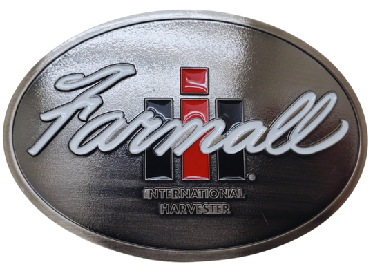 Fully Licensed Farmall International Harvester Belt Buckle, oval shaped with classic logo in Red, Black and White. Size approx. 3 3/4" wide x 2 3/4" height, Fits up to 1 1/2" wide belts. Available in our shop in Smyrna, TN just outside Nashville as well as from this online store.