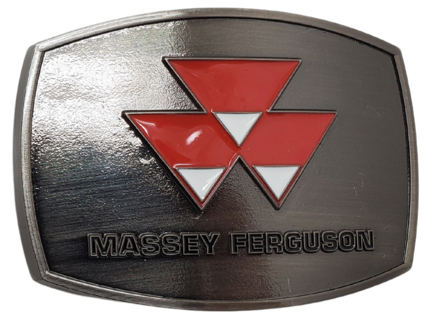 Fully Licensed Massey Ferguson Belt Buckle, oval shaped with classic logo in Red and White. Size approx. 3 3/4" wide x 2 3/4" height, Fits up to 1 1/2" wide belts. Available in our shop in Smyrna, TN just outside Nashville as well as from this online store.