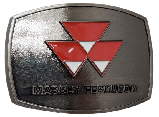 Fully Licensed Massey Ferguson Belt Buckle, oval shaped with classic logo in Red and White. Size approx. 3 3/4" wide x 2 3/4" height, Fits up to 1 1/2" wide belts. Available in our shop in Smyrna, TN just outside Nashville as well as from this online store.