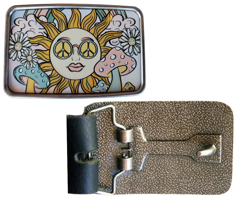 The Peaceful Mushroom is one of most unique belt buckles that are completely metal (image area too) and are made to be durable and lasting! Lots of details in the image and slightly smaller than most of our buckle selection. Available at our Smyrna, TN shop a short ride from downtown Nashville.

Belt Buckle Measures: -3"x2"
Fits any snap belt up to 1 1/2"
Listing is for the belt buckle only & does not include a belt strap.