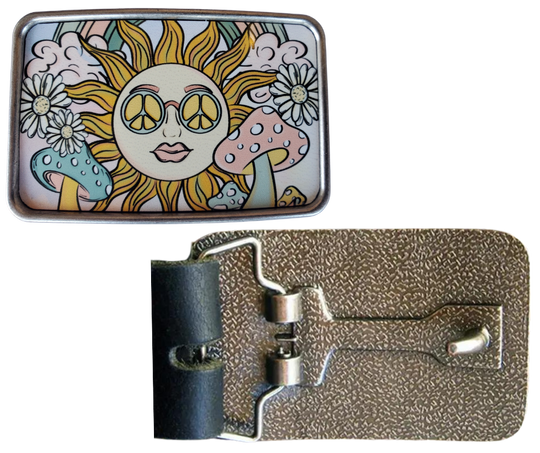 The Peaceful Mushroom is one of most unique belt buckles that are completely metal (image area too) and are made to be durable and lasting! Lots of details in the image and slightly smaller than most of our buckle selection. Available at our Smyrna, TN shop a short ride from downtown Nashville.

Belt Buckle Measures: -3"x2"
Fits any snap belt up to 1 1/2"
Listing is for the belt buckle only & does not include a belt strap.