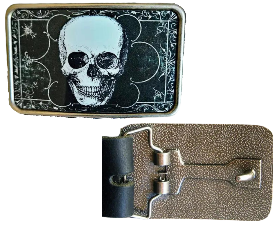 The Victorian Skull is one of most unique belt buckles that are completely metal (image area too) and are made to be durable and lasting! Lots of details in the image and slightly smaller than most of our buckle selection. Available at our Smyrna, TN shop a short ride from downtown Nashville.

Belt Buckle Measures: 3"x2"&nbsp;
Fits any snap belt up to 1 1/2"
Listing is for the belt buckle only & does not include a belt strap.