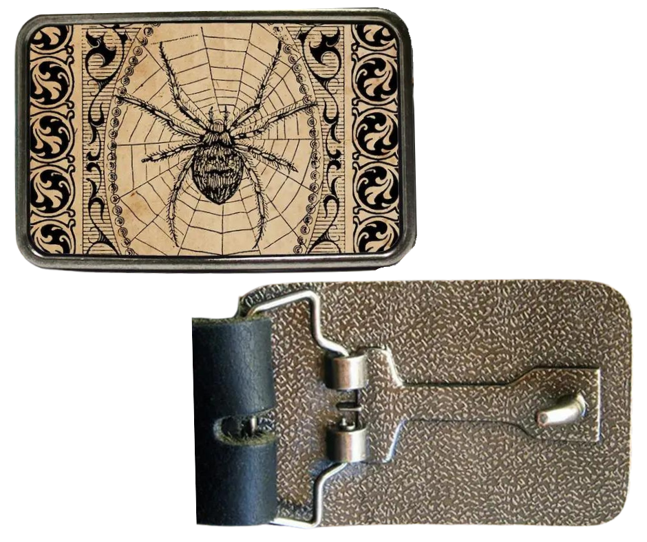 The Spider is one of most unique belt buckles that are completely metal (image area too) and are made to be durable and lasting! Lots of details in the image and slightly smaller than most of our buckle selection. Available at our Smyrna, TN shop a short ride from downtown Nashville.

Belt Buckle Measures: -3"x2"
Fits any snap belt up to 1 1/2"
Listing is for the belt buckle only &amp; does not include a belt strap.