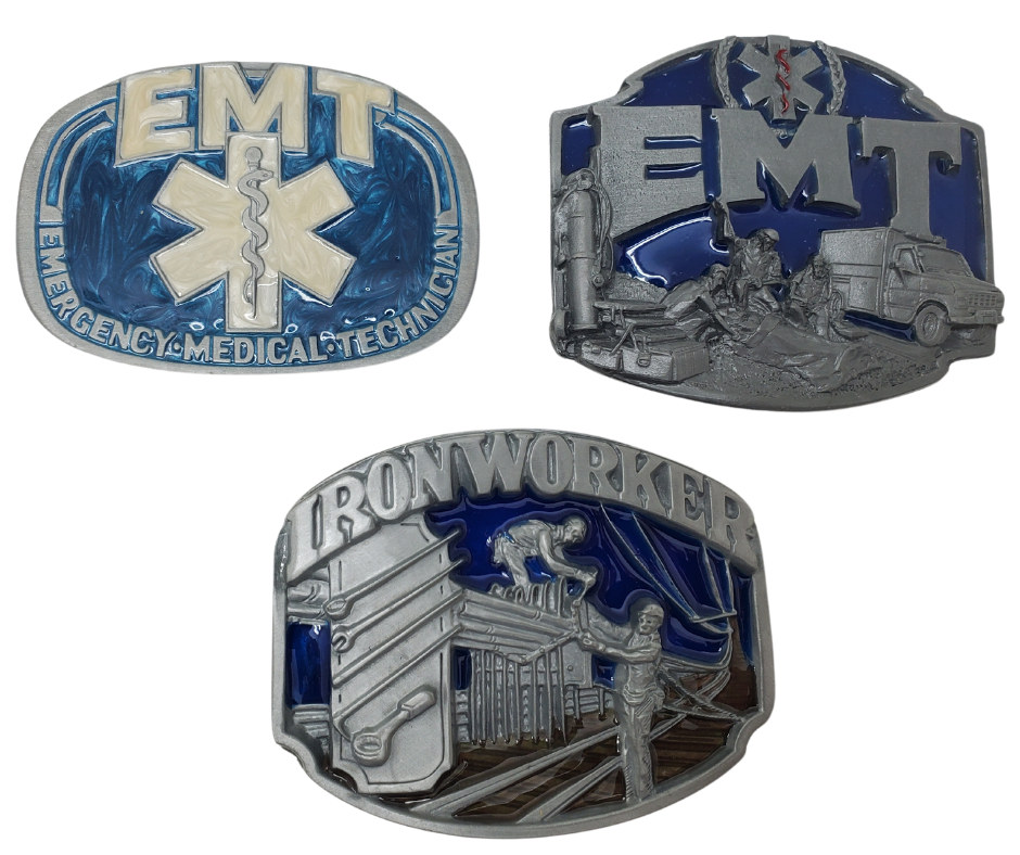 CLOSEOUTS.....These Trade buckles are a great way to show your appreciate for those who work hard every day. Pewter belt buckles that attach to your belt, fits 1 1/2" wide belts. Size varies around 3-1/2" x 2-3/4. Available in our shop just outside Nashville in Smyrna, TN.