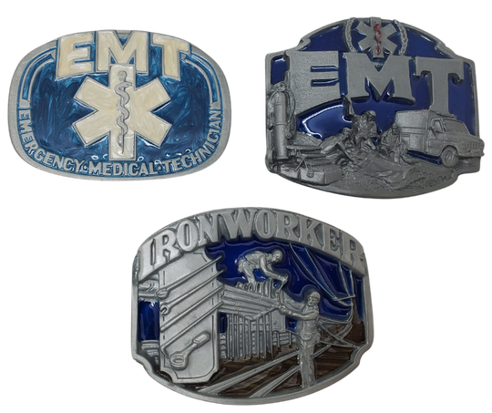 CLOSEOUTS.....These Trade buckles are a great way to show your appreciate for those who work hard every day. Pewter belt buckles that attach to your belt, fits 1 1/2" wide belts. Size varies around 3-1/2" x 2-3/4. Available in our shop just outside Nashville in Smyrna, TN.