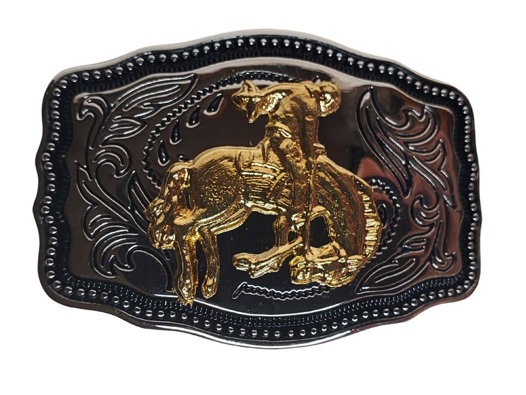 These western buckles are the perfect accessory for kids or adults who wear belts up to 1 1/4" wide. Adorned with a classic western scroll and featuring a gold motif set against a chrome background. Plus, they're compact at just 2 1/2" across by 1 3/4" wide! Shop online or visit our store in Smyrna, TN, near Nashville, to get yours.