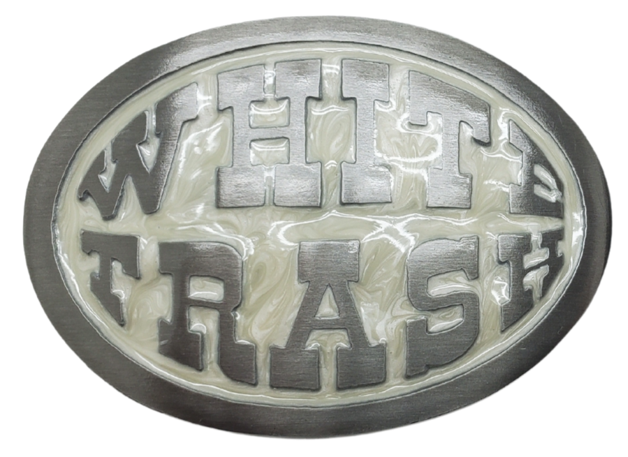 This White Trash Belt Buckle features a stylish oval design on a pearlized epoxy background. Made in the USA, it can easily be attached to any belt and fits 1 1/2" belts. Find it at our Smyrna, TN shop, just a short drive from Downtown Nashville. The size is approximately 3-1/2" x 2-3/4".