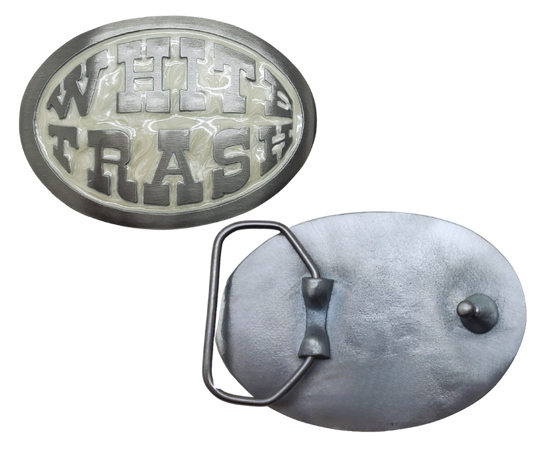 This White Trash Belt Buckle features a stylish oval design on a pearlized epoxy background. Made in the USA, it can easily be attached to any belt and fits 1 1/2" belts. Find it at our Smyrna, TN shop, just a short drive from Downtown Nashville. The size is approximately 3-1/2" x 2-3/4".