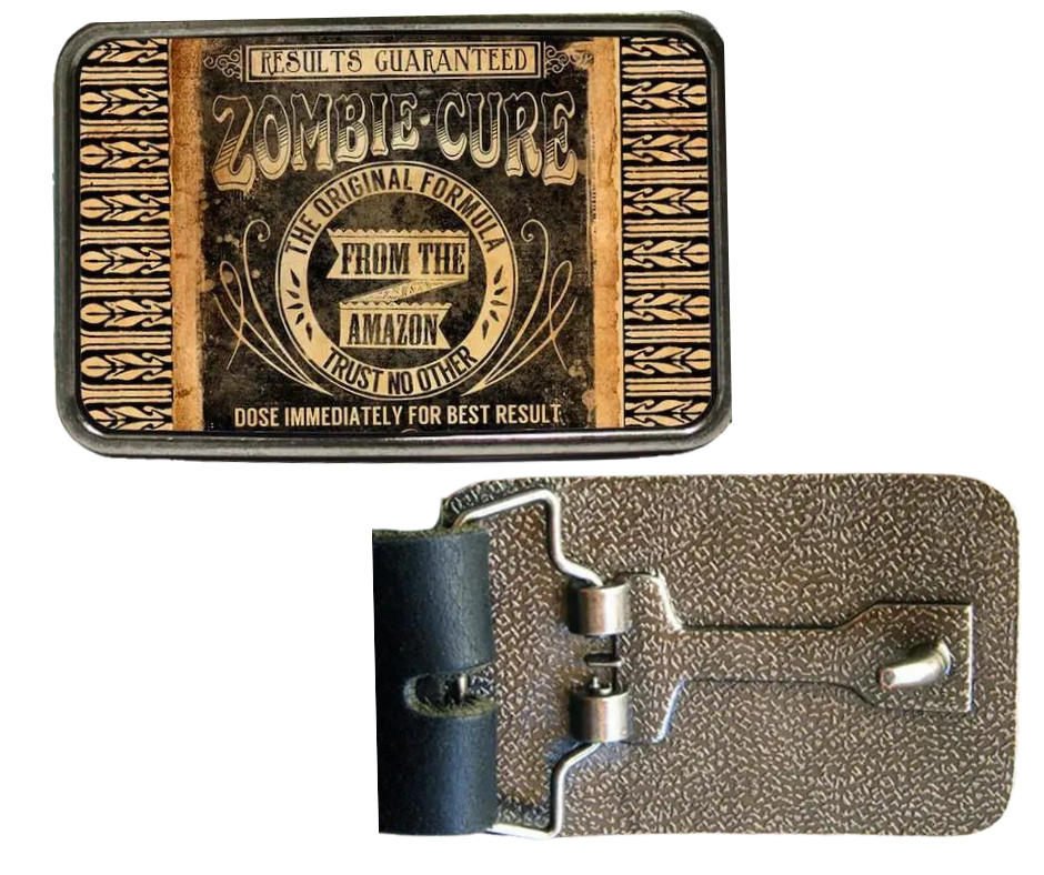 The Zombie Cure is one of most unique belt buckles that are completely metal (image area too) and are made to be durable and lasting! Lots of details in the image and slightly smaller than most of our buckle selection. Available at our Smyrna, TN shop a short ride from downtown Nashville.

Belt Buckle Measures: -3"x2"
Fits any snap belt up to 1 1/2"
Listing is for the belt buckle only &amp; does not include a belt strap.