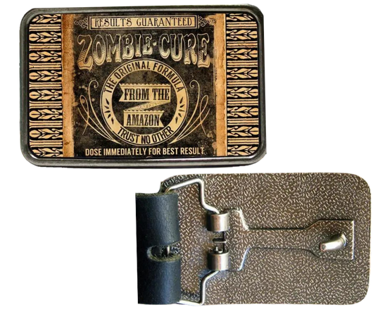 The Zombie Cure is one of most unique belt buckles that are completely metal (image area too) and are made to be durable and lasting! Lots of details in the image and slightly smaller than most of our buckle selection. Available at our Smyrna, TN shop a short ride from downtown Nashville.

Belt Buckle Measures: -3"x2"
Fits any snap belt up to 1 1/2"
Listing is for the belt buckle only &amp; does not include a belt strap.