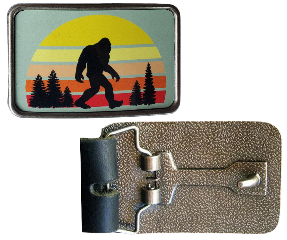 The Sunset Bigfoot is one of most unique belt buckles that are completely metal (image area too) and are made to be durable and lasting! Lots of details in the image and slightly smaller than most of our buckle selection. Available at our Smyrna, TN shop a short ride from downtown Nashville.

Belt Buckle Measures: -3"x2"
Fits any snap belt up to 1 1/2"
Listing is for the belt buckle only & does not include a belt strap.