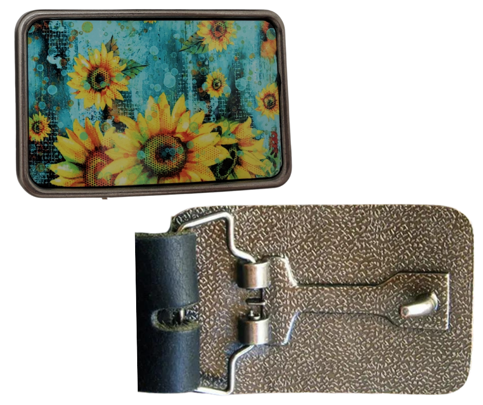 The Raining Daisies is one of most unique belt buckles that are completely metal (image area too) and are made to be durable and lasting! Lots of details in the image and slightly smaller than most of our buckle selection. Available at our Smyrna, TN shop a short ride from downtown Nashville.

Belt Buckle Measures: -3"x2"
Fits any snap belt up to 1 1/2"
Listing is for the belt buckle only &amp; does not include a belt strap.