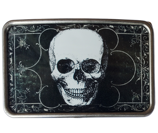 The Victorian Skull is one of most unique belt buckles that are completely metal (image area too) and are made to be durable and lasting! Lots of details in the image and slightly smaller than most of our buckle selection. Available at our Smyrna, TN shop a short ride from downtown Nashville.

Belt Buckle Measures: 3"x2"&nbsp;
Fits any snap belt up to 1 1/2"
Listing is for the belt buckle only & does not include a belt strap.