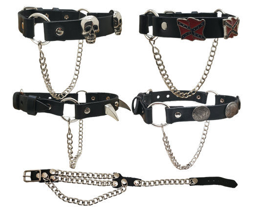 Rock up your boot game with Leather Boot Chains! Choose your favorite concho or rock all chains. Bring out your inner risk-taker, with a look that looks back to the wild "Dead or Alive" hair days of MTV. The black leather straps are held together by 2 rings and 3 conchos on top, while a chrome chain adds boldness to the sole. Perfect for most WESTERN style boots, these chains aren't meant for heavy work boots. Find them at our local shop in Smyrna, TN, just a short drive from Nashville! Sold by pairs.