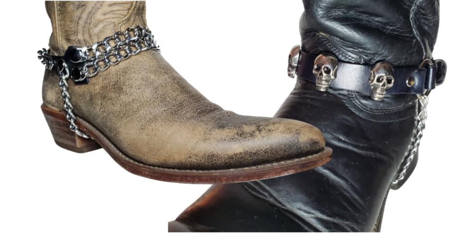 Rock up your boot game with Leather Boot Chains! Choose your favorite concho or rock all chains. Bring out your inner risk-taker, with a look that looks back to the wild "Dead or Alive" hair days of MTV. The black leather straps are held together by 2 rings and 3 conchos on top, while a chrome chain adds boldness to the sole. Perfect for most WESTERN style boots, these chains aren't meant for heavy work boots. Find them at our local shop in Smyrna, TN, just a short drive from Nashville! Sold by pairs.