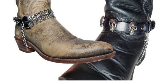 Rock up your boot game with Leather Boot Chains! Choose your favorite concho or rock all chains. Bring out your inner risk-taker, with a look that looks back to the wild "Dead or Alive" hair days of MTV. The black leather straps are held together by 2 rings and 3 conchos on top, while a chrome chain adds boldness to the sole. Perfect for most WESTERN style boots, these chains aren't meant for heavy work boots. Find them at our local shop in Smyrna, TN, just a short drive from Nashville! Sold by pairs.