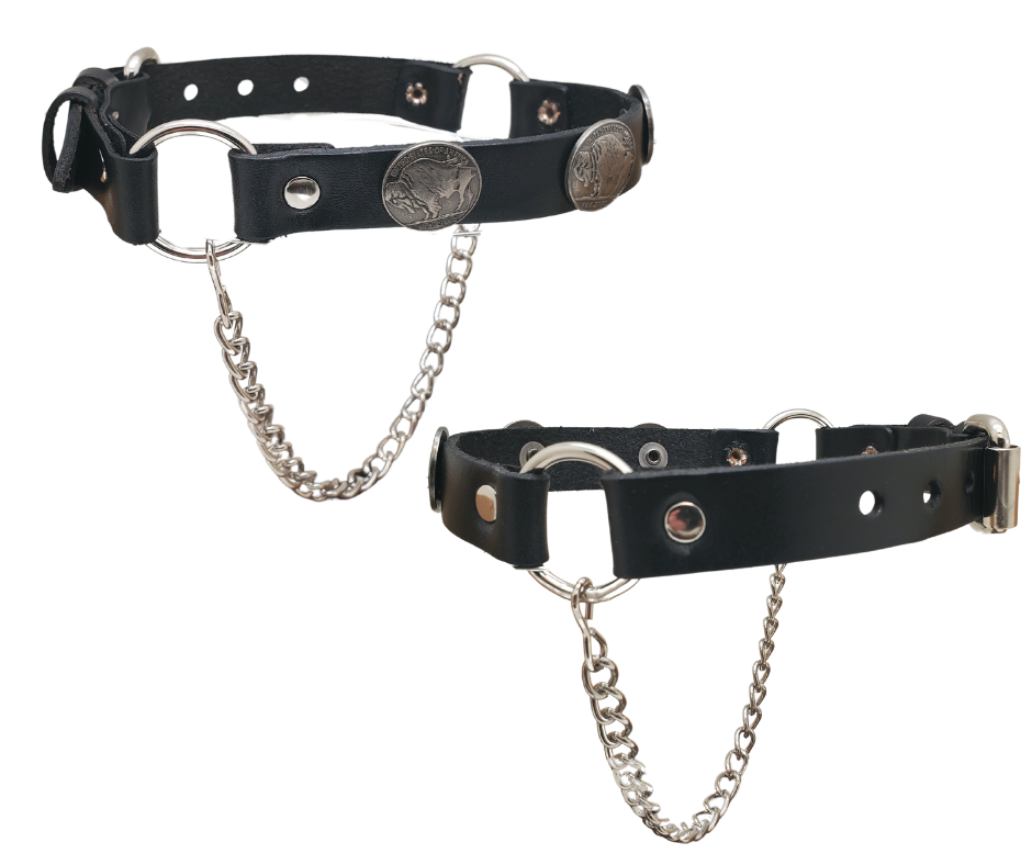 Rock up your boot game with Leather Boot Chains! Choose your favorite concho or rock all chains. Bring out your inner risk-taker, with a look that looks back to the wild "Dead or Alive" hair days of MTV. The black leather straps are held together by 2 rings and 3 conchos on top, while a chrome chain adds boldness to the sole. Perfect for most WESTERN style boots, these chains aren't meant for heavy work boots. Find them at our local shop in Smyrna, TN, just a short drive from Nashville! Sold by pairs.