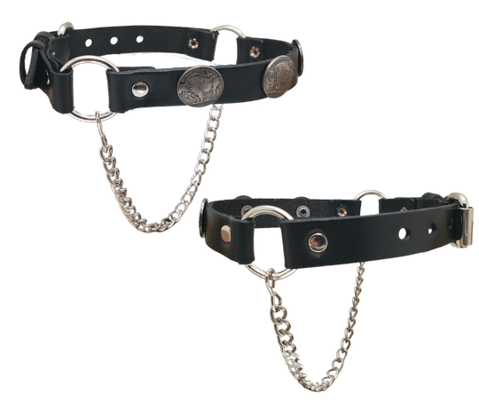 Rock up your boot game with Leather Boot Chains! Choose your favorite concho or rock all chains. Bring out your inner risk-taker, with a look that looks back to the wild "Dead or Alive" hair days of MTV. The black leather straps are held together by 2 rings and 3 conchos on top, while a chrome chain adds boldness to the sole. Perfect for most WESTERN style boots, these chains aren't meant for heavy work boots. Find them at our local shop in Smyrna, TN, just a short drive from Nashville! Sold by pairs.