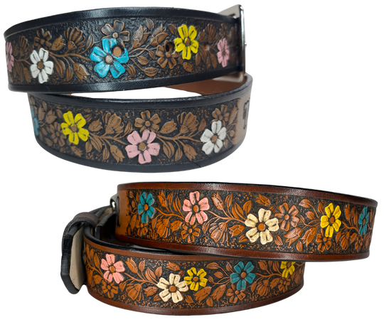 "The Beulah Land" is a handmade real VEGTAN belt made from a single strip of cowhide shoulder leather that is 8-10 oz. or approx. 1/8" thick. It has hand burnished (smoothed) edges and summer flowers embossed on the surface and with most HAND PAINTED in Pink, White, Yellow and Turquoise. The antique nickel plated solid brass buckle is snapped in place with heavy snaps.  This belt is made just outside Nashville in Smyrna, TN.